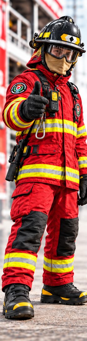 Bombero con equipo de protección completo y pulgar levantado, junto a un vehículo de bomberos.